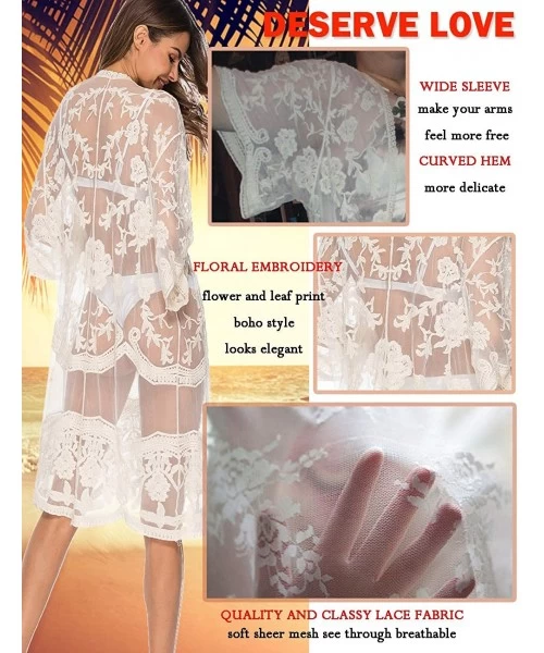 Cover-Ups Women's Lace Cardigan Floral Crochet Sheer Beach Cover Ups Long Open Kimono - Apricot - CM18N707G02