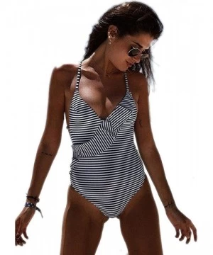 One-Pieces Fashion One Piece Halter Swimsuit Ruffle Deep V Bathing Suit Padded Monokini - B-black - C918MDMDN3X