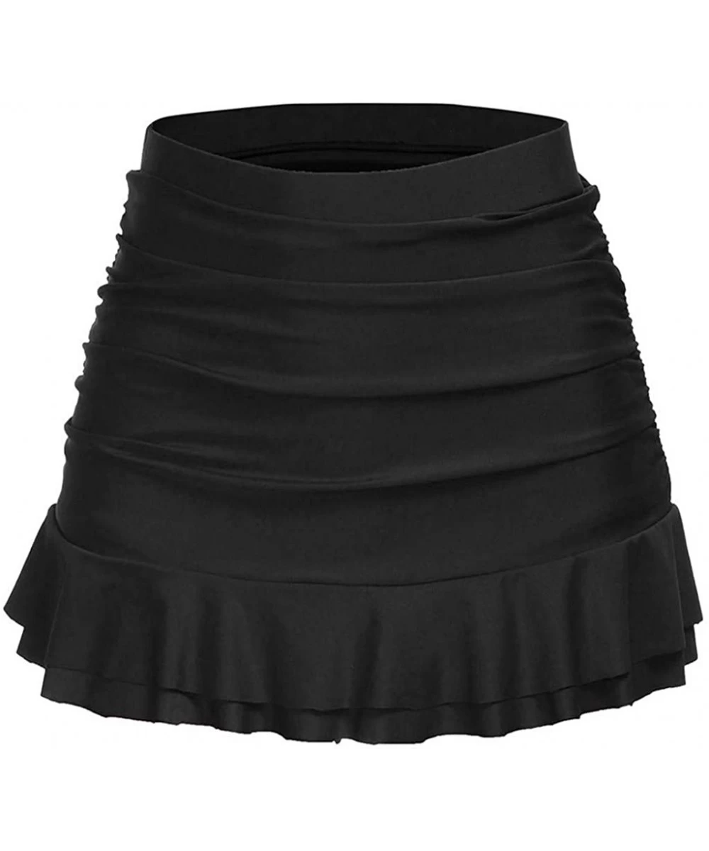 Bottoms Skirted Bikini Bottom High Waisted Shirred Ruffle Ruched Swimsuit Mini Swim Skirt - Black - C3194CZCY2W