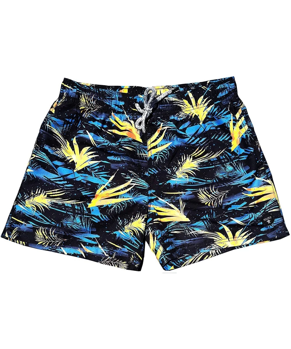 Trunks Mens Swim Trunks Quick Dry Elastic Waist Drawstring - Tropical Foliage (Black) - CC197GQKY8T