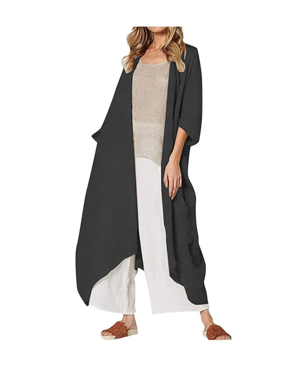 Cover-Ups Women Plus Size Bikini Beach Cover Up Long Kimono Cardigan Beachwear Jacket Coat - Black - C218WEMKZIE