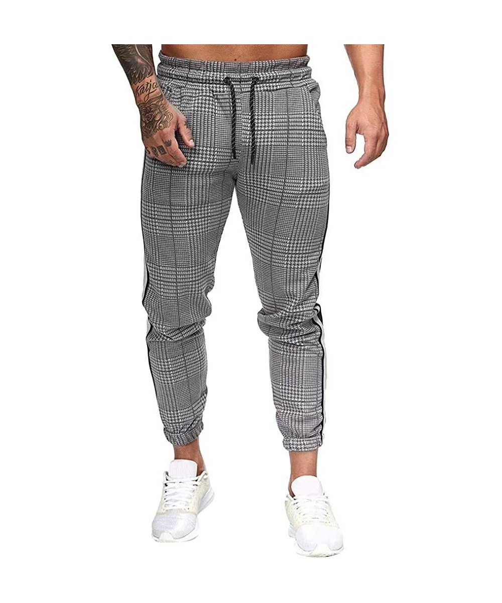 Rash Guards Mens Joggers Pants Slim-fit Gym Sport Workout Sweatpants Plaid Stripe Printing Pocketed Pants - Dark Gray - CG18A...