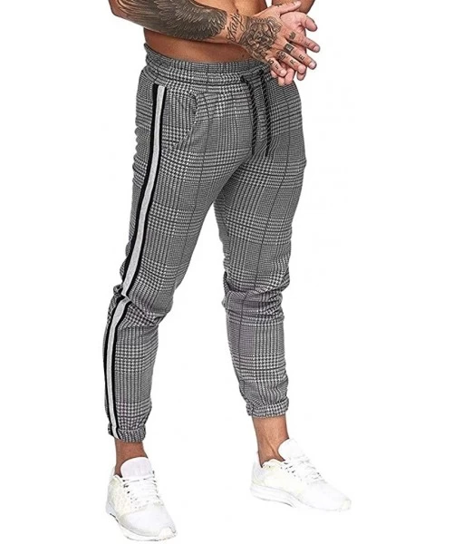 Rash Guards Mens Joggers Pants Slim-fit Gym Sport Workout Sweatpants Plaid Stripe Printing Pocketed Pants - Dark Gray - CG18A...