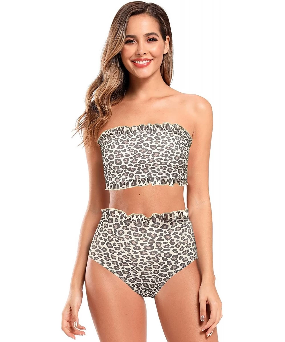 Sets Women's Ruffle Trim Bandeau Bikini Flolar Print Two Piece Swimsuits - Leopard Print - CY192KTZ9GZ