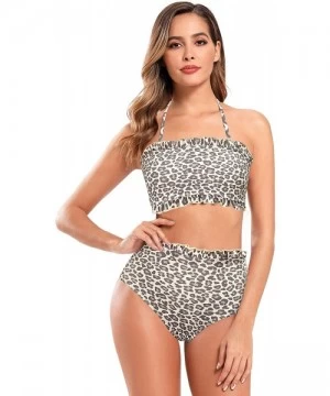 Sets Women's Ruffle Trim Bandeau Bikini Flolar Print Two Piece Swimsuits - Leopard Print - CY192KTZ9GZ