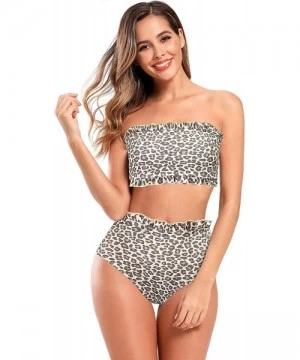 Sets Women's Ruffle Trim Bandeau Bikini Flolar Print Two Piece Swimsuits - Leopard Print - CY192KTZ9GZ