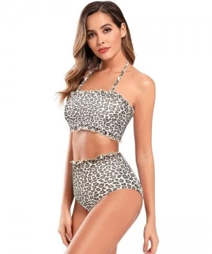 Sets Women's Ruffle Trim Bandeau Bikini Flolar Print Two Piece Swimsuits - Leopard Print - CY192KTZ9GZ