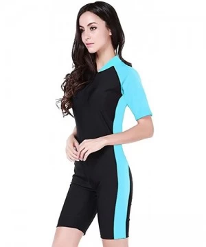 Racing One-Piece Surfing Snorkeling Swimsuit Short Sleeve Swimwear Plus Size - Women black-light Blue - CB18ERDGZ7S