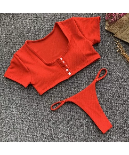 Rash Guards Women V Neck Botton Short Sleeve Swim Shirt Rash Guard Padded Top Tankini Set High Cut Thong Bathing Swimsuit Red...