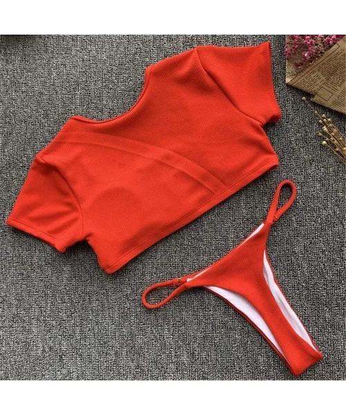 Rash Guards Women V Neck Botton Short Sleeve Swim Shirt Rash Guard Padded Top Tankini Set High Cut Thong Bathing Swimsuit Red...