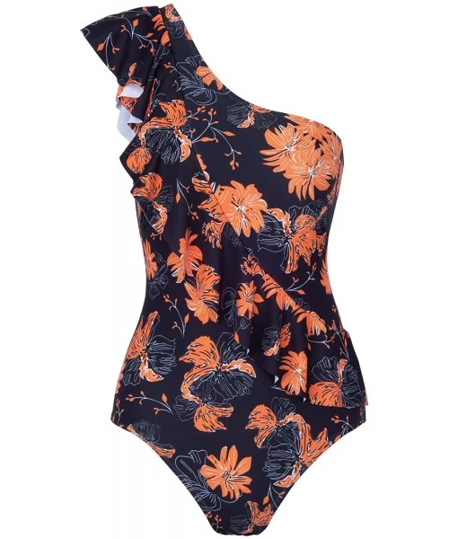 One-Pieces Women One Piece Swimsuit Ruffle Printed Monokini Tummy Control Bathing Suit - Black Flower - CB18MGG64E0