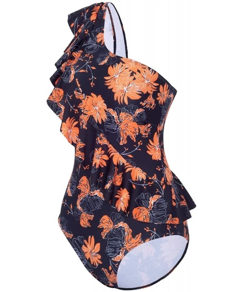 One-Pieces Women One Piece Swimsuit Ruffle Printed Monokini Tummy Control Bathing Suit - Black Flower - CB18MGG64E0