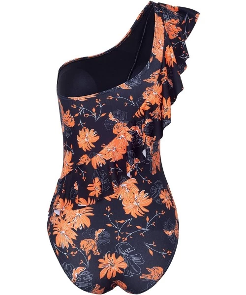 One-Pieces Women One Piece Swimsuit Ruffle Printed Monokini Tummy Control Bathing Suit - Black Flower - CB18MGG64E0