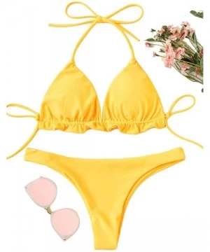 Sets Women's Sexy Bathing Suits Scallop Halter Bikini Top Floral Print Two Piece Swimsuits - Yellow4 - CW18QITU44N