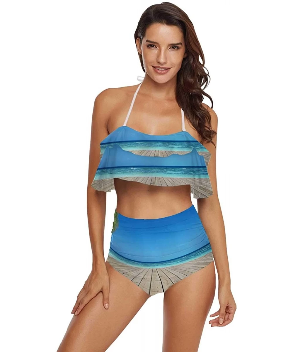 Sets Women Off Shoulder Ruffle Swimsuit Bathing Suit(Slim Version) Wooden Terrace and Tropical Seascape Sea - Multi 01 - C219...