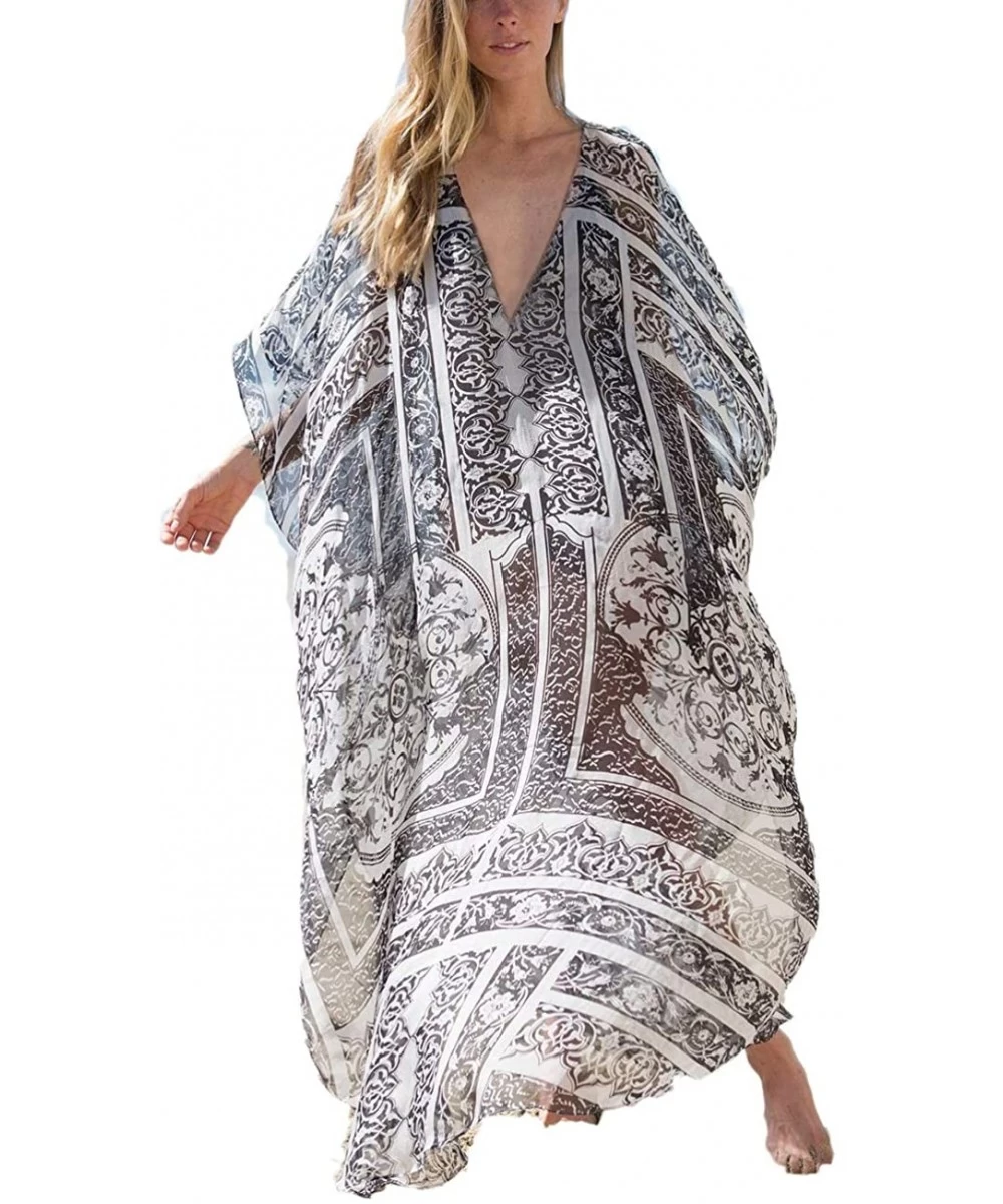 Cover-Ups Women Bathing Suit Cover Up Ethnic Print Kaftan Beach Maxi Dresses - Print 12 - CN18NECAXUY