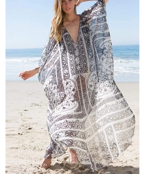 Cover-Ups Women Bathing Suit Cover Up Ethnic Print Kaftan Beach Maxi Dresses - Print 12 - CN18NECAXUY