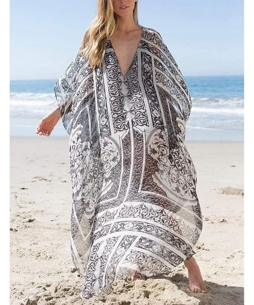 Cover-Ups Women Bathing Suit Cover Up Ethnic Print Kaftan Beach Maxi Dresses - Print 12 - CN18NECAXUY