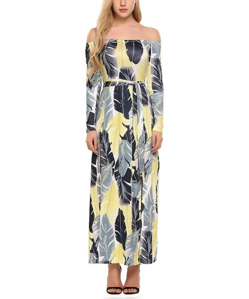 Cover-Ups Women's Sexy Off Shoulder Floral Print High Split Overlay Long Beach Dress - Yellow - CE182GI0QG0