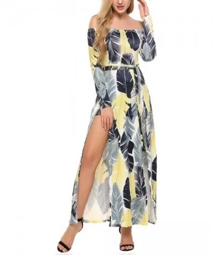 Cover-Ups Women's Sexy Off Shoulder Floral Print High Split Overlay Long Beach Dress - Yellow - CE182GI0QG0