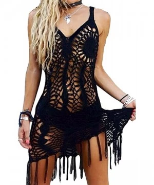 Cover-Ups Womens Sexy Lace Bathing Suit Handmade Crochet Tassel Bikini Cover Up Swimwear Summer Beach Dress - Black2 - CG185H...