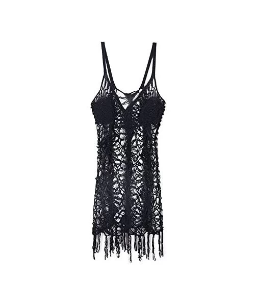 Cover-Ups Womens Sexy Lace Bathing Suit Handmade Crochet Tassel Bikini Cover Up Swimwear Summer Beach Dress - Black2 - CG185H...