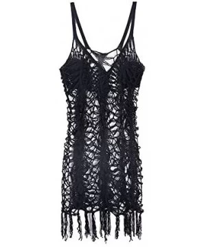 Cover-Ups Womens Sexy Lace Bathing Suit Handmade Crochet Tassel Bikini Cover Up Swimwear Summer Beach Dress - Black2 - CG185H...