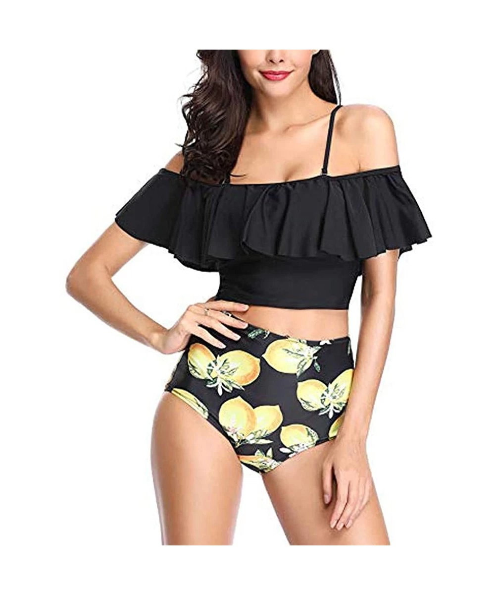 Sets Women Two Piece Swimsuits Tankinis Swimwear Off Shoulder Ruffled Crop Bikini Top with High Waist Boho Print Bottoms - Ye...