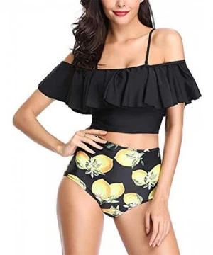 Sets Women Two Piece Swimsuits Tankinis Swimwear Off Shoulder Ruffled Crop Bikini Top with High Waist Boho Print Bottoms - Ye...