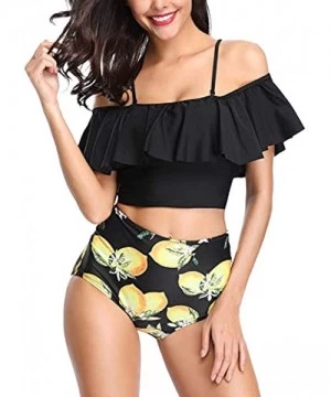 Sets Women Two Piece Swimsuits Tankinis Swimwear Off Shoulder Ruffled Crop Bikini Top with High Waist Boho Print Bottoms - Ye...