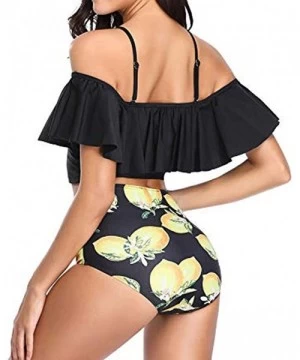 Sets Women Two Piece Swimsuits Tankinis Swimwear Off Shoulder Ruffled Crop Bikini Top with High Waist Boho Print Bottoms - Ye...