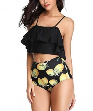 Sets Women Two Piece Swimsuits Tankinis Swimwear Off Shoulder Ruffled Crop Bikini Top with High Waist Boho Print Bottoms - Ye...