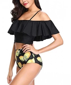 Sets Women Two Piece Swimsuits Tankinis Swimwear Off Shoulder Ruffled Crop Bikini Top with High Waist Boho Print Bottoms - Ye...