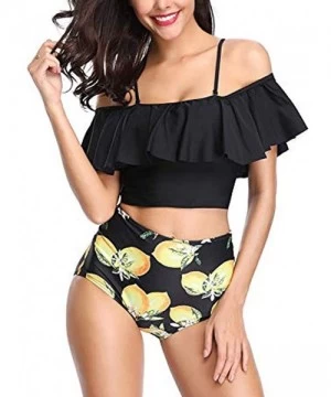 Sets Women Two Piece Swimsuits Tankinis Swimwear Off Shoulder Ruffled Crop Bikini Top with High Waist Boho Print Bottoms - Ye...