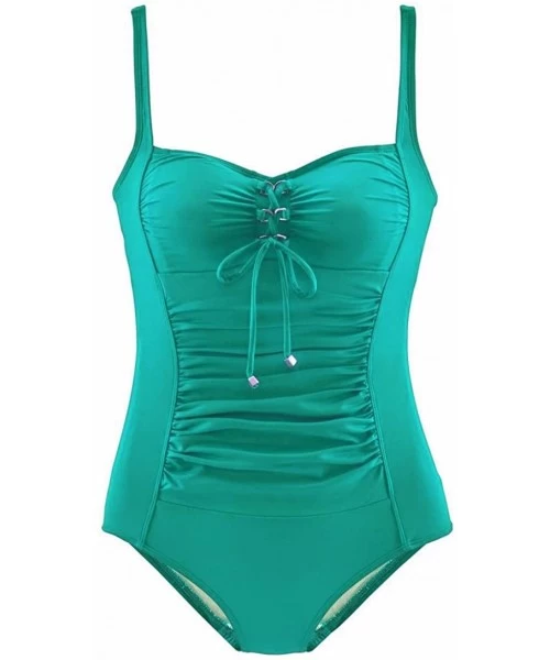 One-Pieces Women's Vintage Lace Up One Piece Swimsuits Monikini Tummy Control Swimwear - Green - C118GY9QLRO