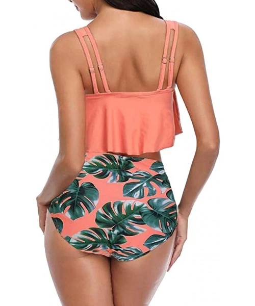 Sets Women Swimwear Bikini Set-Two Piece Plus Size Sexy Backless Halter Floral Printed Beachwear Swimsuit - G-orange - CR194W...