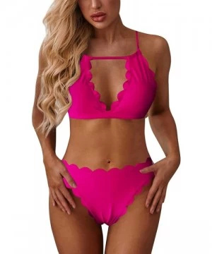 Sets Women's Halter Top Bikini Sexy 2 Piece Swimwear Scalloped Bathing Suit - Rose Red - CC199XRAN7D