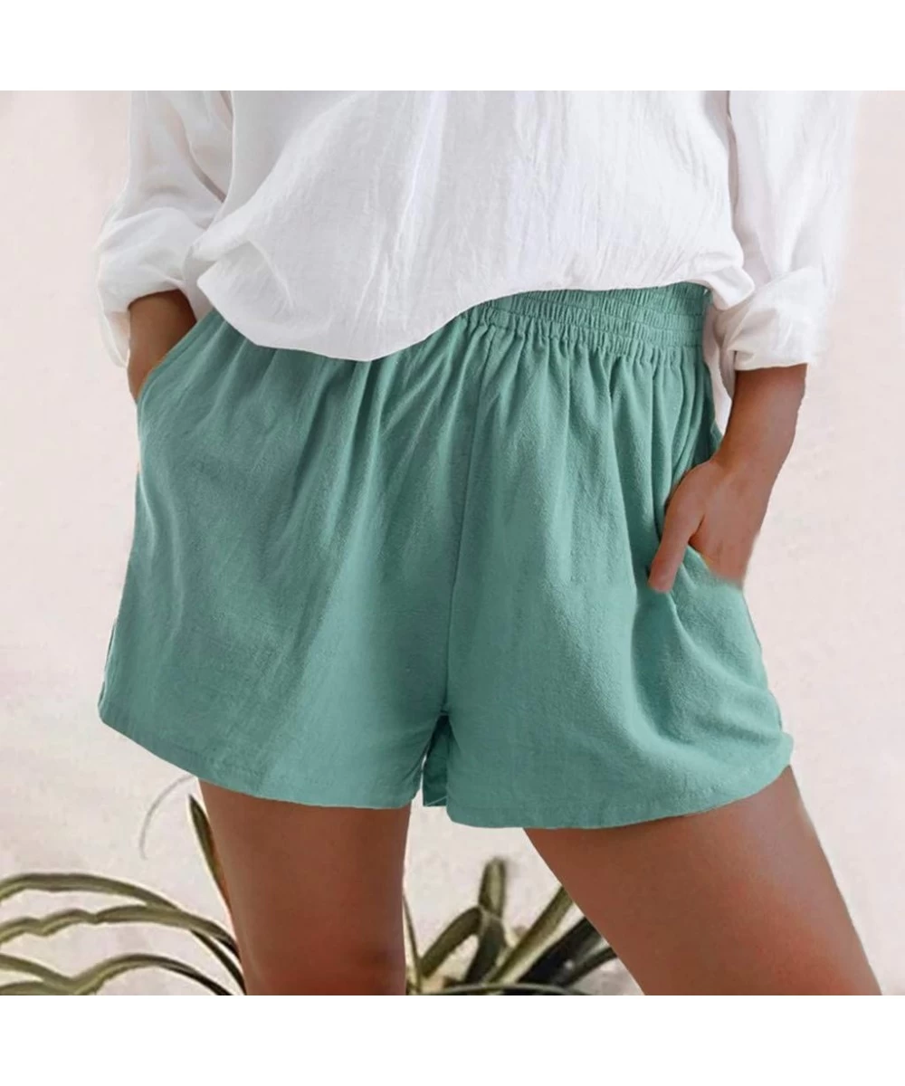 Board Shorts Women Summer Shorts Casual Pure Color Elastic Waist Pockets Linen Shorts - Blue - CZ19CDIY22R