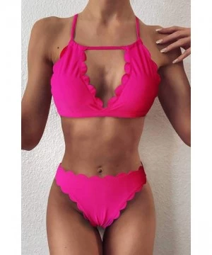 Sets Women's Halter Top Bikini Sexy 2 Piece Swimwear Scalloped Bathing Suit - Rose Red - CC199XRAN7D