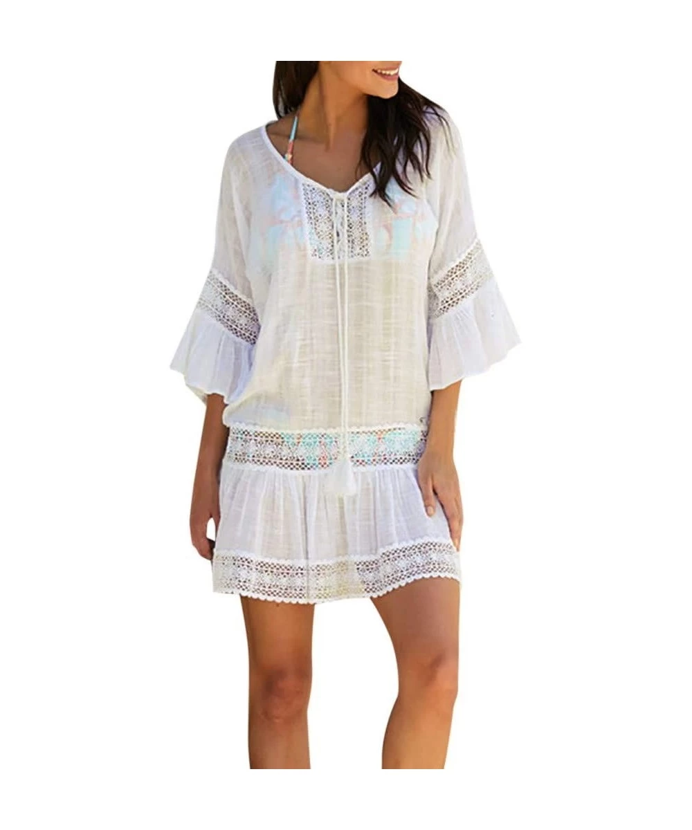 Cover-Ups Womens Swimsuit Coverups Plus Size Tribal Aztec 3/4 Sleeve Ruffle Pleated Midi Dress Lace Crochet Bathing Suit Cove...