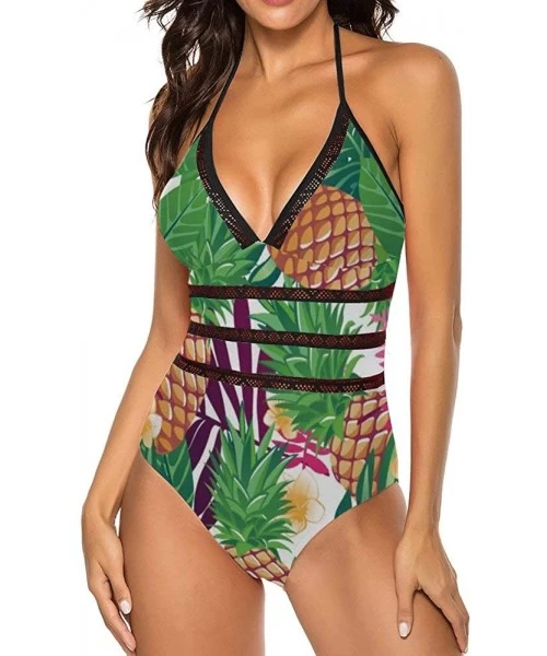 One-Pieces Pink Flower Tropical Plant Pineapple Women'S One-Piece Bikini Swimsuit Bandeau Tie - Color2 - CE199GWXYT7