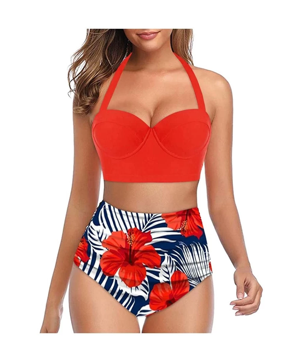 Sets Womens Push-up Bikini Set Two Piece Halter Swimsuit High Waist Bathing Suit Sexy Floral Print Swimwear - Orange - CB196Z...