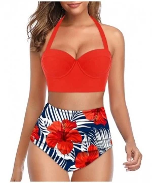 Sets Womens Push-up Bikini Set Two Piece Halter Swimsuit High Waist Bathing Suit Sexy Floral Print Swimwear - Orange - CB196Z...