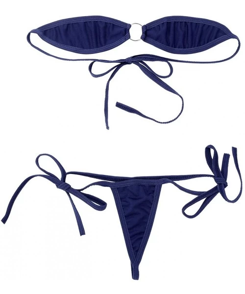 Sets Women's Micro Bikini Set Exotic Underwear Set Bra Top and Micro Thongs Beach Sunbathing Swimsuit - Navy Blue - C518SLR490K