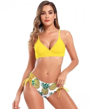 Sets Women's V Neck Lace up Bikini Set Floral Print Bottom Two Piece Swimsuits - Yellow - CC18ZRWM5X5