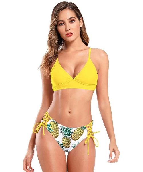 Sets Women's V Neck Lace up Bikini Set Floral Print Bottom Two Piece Swimsuits - Yellow - CC18ZRWM5X5