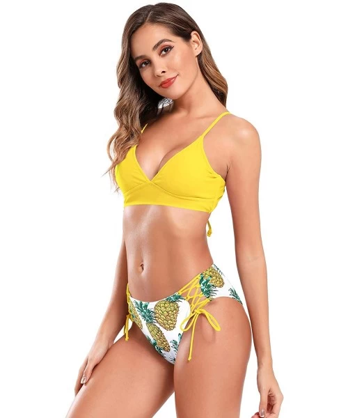 Sets Women's V Neck Lace up Bikini Set Floral Print Bottom Two Piece Swimsuits - Yellow - CC18ZRWM5X5