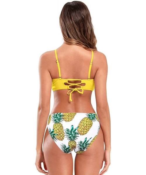 Sets Women's V Neck Lace up Bikini Set Floral Print Bottom Two Piece Swimsuits - Yellow - CC18ZRWM5X5