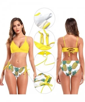 Sets Women's V Neck Lace up Bikini Set Floral Print Bottom Two Piece Swimsuits - Yellow - CC18ZRWM5X5