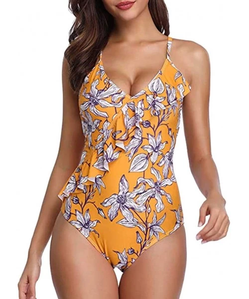 One-Pieces Casual Swimsuits for Womens Swimming Costume Padded Swimsuit Monokini Push Up Bikini Sets Swimwear - A-yellow - C7...